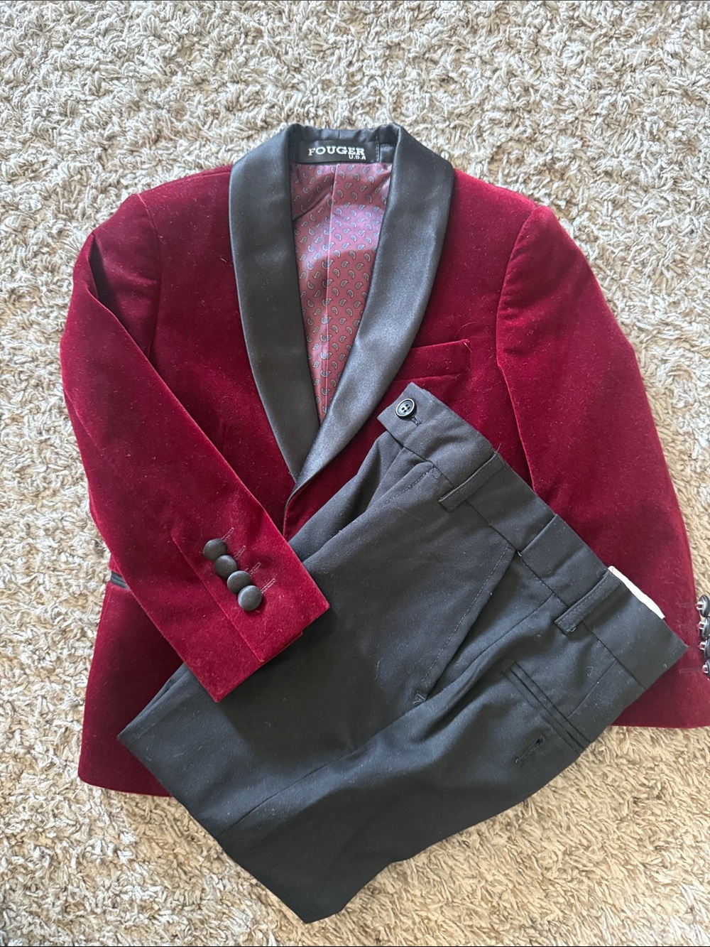 Burgundy Velvet Tuxedo Jacket with Black Pants
